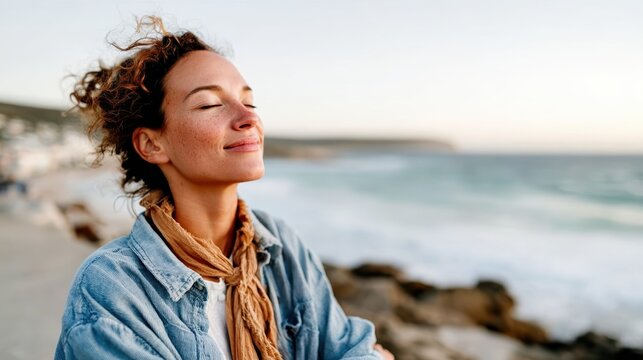A serene woman stands by the ocean, eyes closed and smiling, harmonizing with the gentle breeze, symbolizing relaxation, peace, and connection to nature.