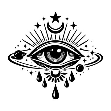 All-Seeing Eye Emblem: A mystical, symbolic design featuring an all-seeing eye surrounded by celestial elements like a crescent moon, stars, planets, and radiating lines.