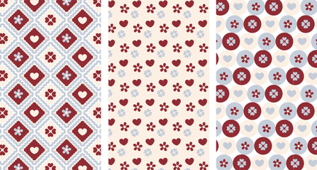 vector eps of Girly plaid texture in red and blue colors. Argyle cute diamond pattern with flower and hearts. Holiday circus for Valentines' day, wedding, birthday, ornament © Mizuiro