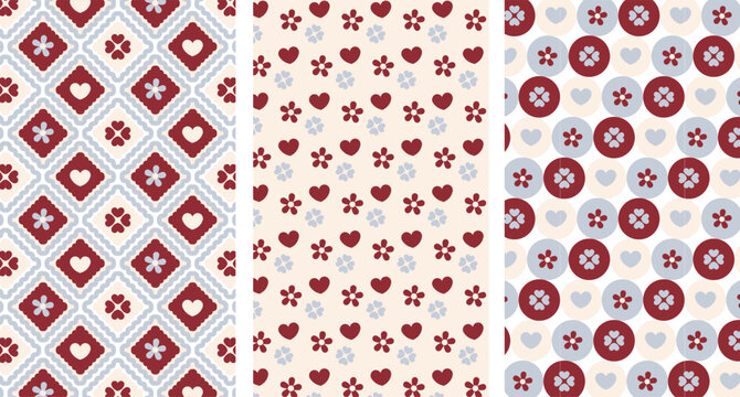 vector eps of Girly plaid texture in red and blue colors. Argyle cute diamond pattern with flower and hearts. Holiday circus for Valentines' day, wedding, birthday, ornament