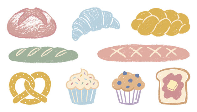 Artistic bread and pastry icons with croissant muffin cupcake and pretzel vector illustration set.