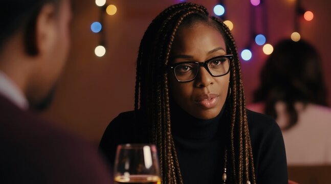 Woman with glasses listens intently at a speed dating event. Colorful lights create a warm ambiance. She is focused on her partner, engaging in conversation. A glass of drink sits nearby.