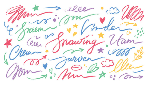 Colorful scribbled words and shapes vector illustration.