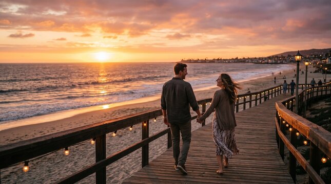 Couple Walking on Pier at Sunset