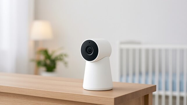 Baby Monitor Device on Wooden Table in Bright Nursery with Cot and Plant