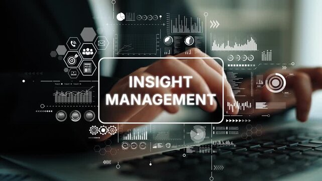 Professional business person typing on laptop in modern office environment focusing on insights and management strategy execution. Asymptotic smart data analytic.