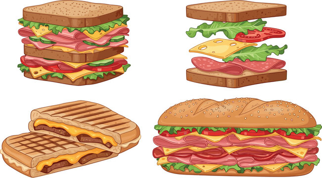 Club Sandwich and Submarine Baguette Vector Illustration Set with Panini Grilled Cheese and Exploded Ingredients for Fast Food Cafe Restaurant Menu Designs