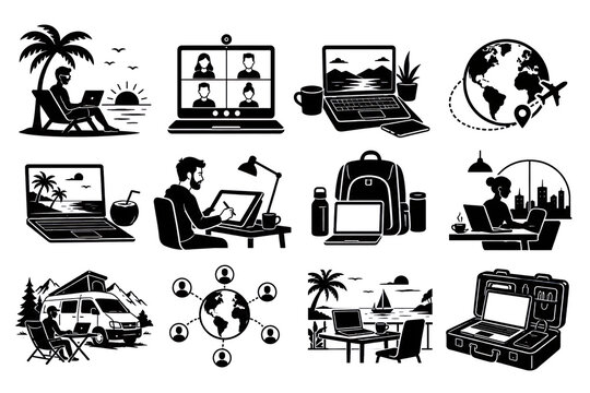 Remote Work And Digital Nomad Icons Set. Home Office And Travel Vector Collection