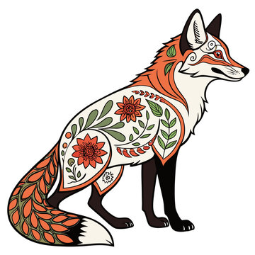 Floral ornamented fox illustration with detailed botanical motifs and a white background setting vulpine canid animal