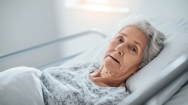 Elderly Woman Lying in Hospital Bed with Concern on Her Face, Facing Illness