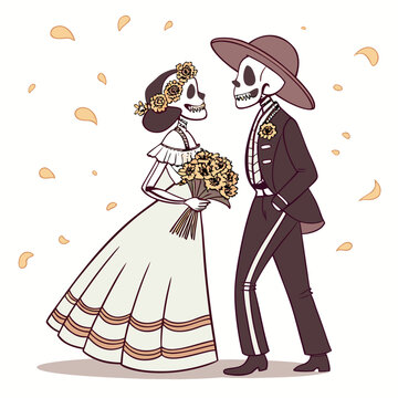 Skeletal bride and groom holding marigolds a vector illustration with a light colored background skeleton skulls