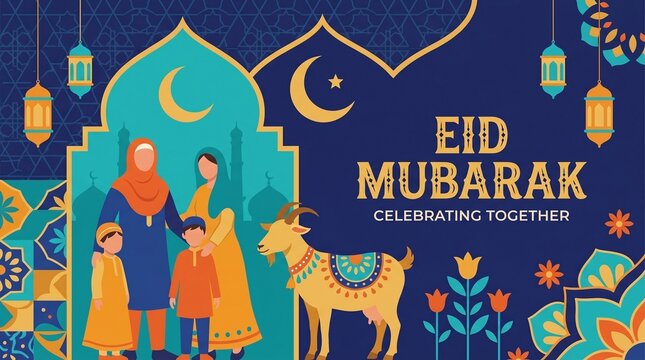 Eid mubarak celebration with family and traditional decorations
