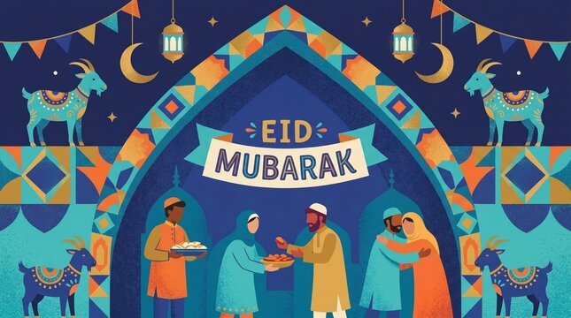 Vibrant eid mubarak celebration scene with people and goats
