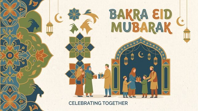 Bakr eid mubarak celebration illustration with family and traditional decorations
