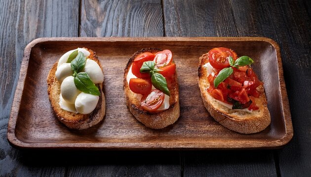 bruschetta trio with sliced mozzarella on a rustic tray