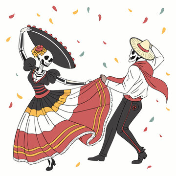 Skeletal couple dancing in traditional attire a colorful vector illustration with falling confetti bones calavera catrina