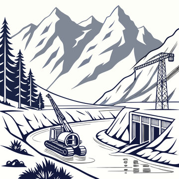Tunnel boring machine construction scene with mountainous backdrop rendered as a detailed vector illustration tunneling tbm