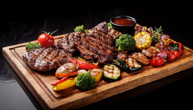 sizzling grilled meat platter with varied veggies on wooden board perfect bbq feast for sharing