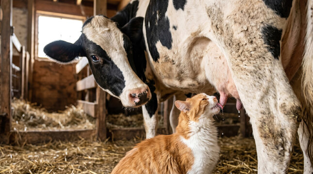 Cat Drinking Milk Directly From Cow Udder in Farm Barn
