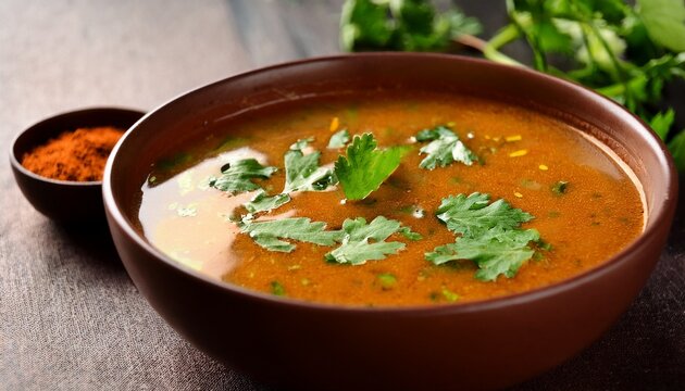 bowl of rasam spicy tamarind soup garnished with fresh cilantro