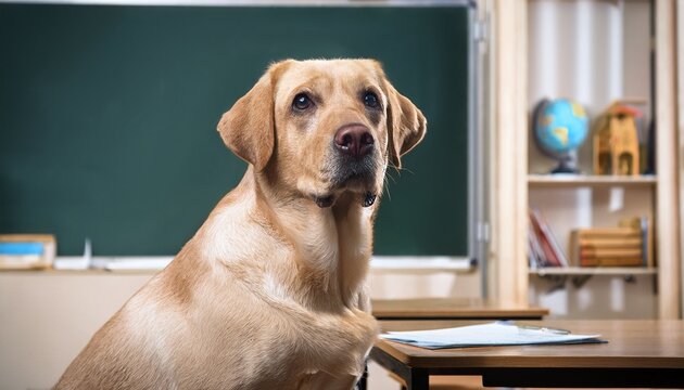 labrador sitting in classroom observing its surroundings with curiosity