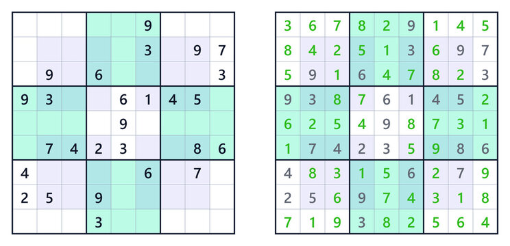 Brain training sudoku game showing empty puzzle and filled answer grid