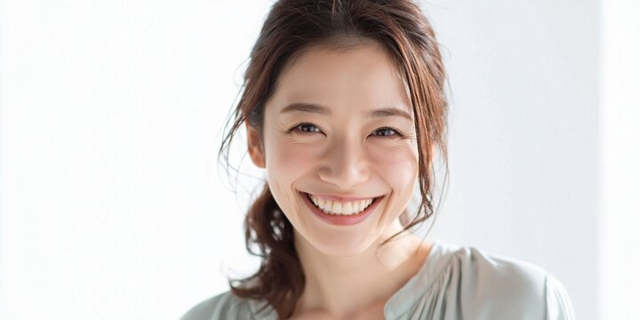 Close Up Portrait of a Young Asian Woman Smiling Joyfully with Natural Light and Soft Background