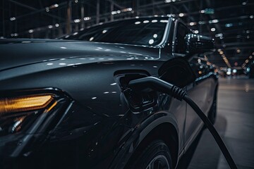 Fototapeta premium Electric Car Charging Cable Plugged into Vehicle at Charging Station
