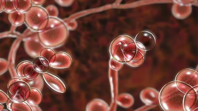 Candida fungal cells and hyphal forms, 3D animation showing slowly rotating yeast cells with budding and filamentous growth, illustrating opportunistic fungal pathogen.