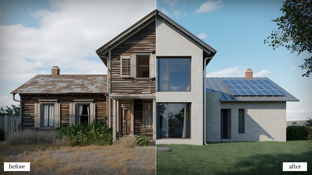 Comparison of an old wooden house with solar panels and modern and facade real estate home improvement renovated house old building