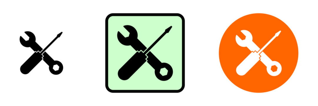 Minimalist repair service logo design set with crossed wrench and screwdriver | Technical maintenance icon collection featuring crossed mechanical spanner and screwdriver.