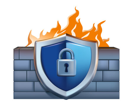 3D icon, cybersecurity symbol, protective firewall shield with a lock, fire and a brick fireproof wall, vector graphics