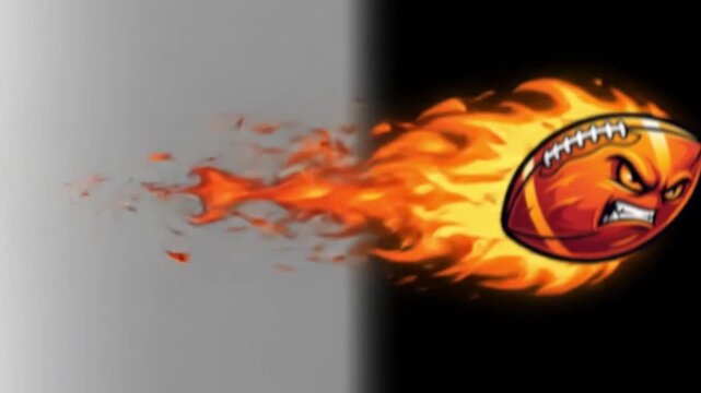 Angry American football ball character with intense facial expression flying through flames on split background design