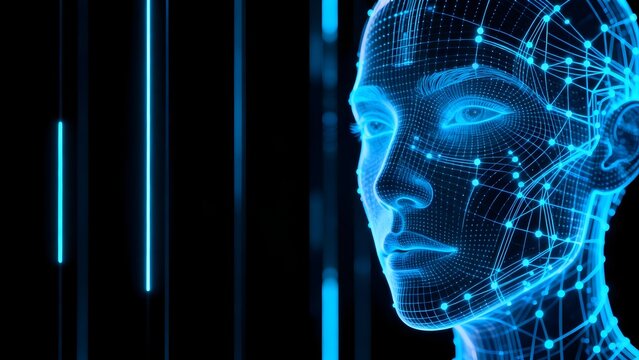 Blue wireframe human head with digital lines