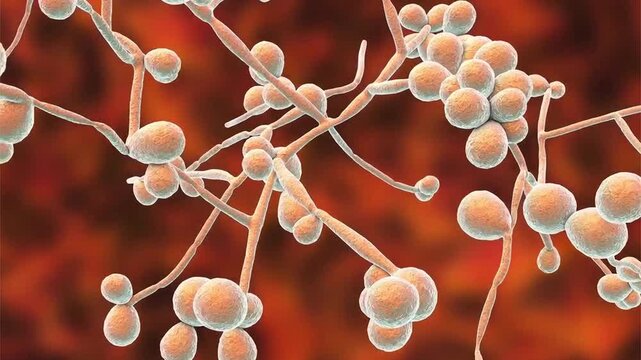 Candida fungal cells and hyphal forms, 3D animation showing slowly rotating yeast cells with budding and filamentous growth, illustrating opportunistic fungal pathogen.