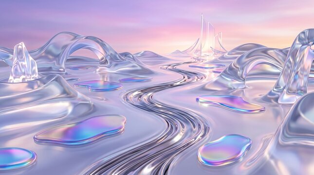 Surreal 3D landscape with translucent glass mountains and iridescent liquid pools ideal for website hero headers, corporate presentations, and creative marketing materials