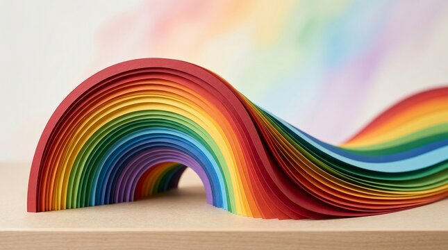 Vibrant rainbow paper arch in a wavy formation with soft bokeh background, ideal for diversity concepts, creative marketing, and website banners