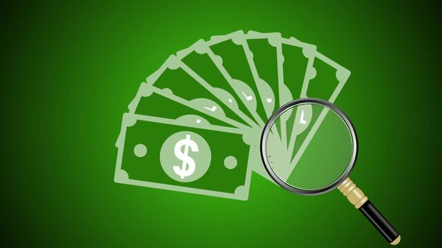 Stack of dollar bills with a magnifying glass over them gradient background animation