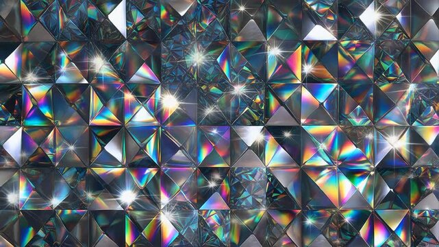 Sparkling crystal glass diamond pattern reflecting rainbow colors, luxury jewelry geometric background, seamless loop　虹色を反射する輝くクリスタルガラスのダイヤモンドパターン、ラグジュアリーなジュエリー幾何学背景、シームレスループ　フルHD 4K