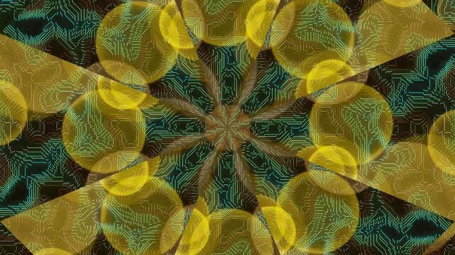 Vibrant yellow and green abstract pattern forms a symmetrical floral design on a dark background