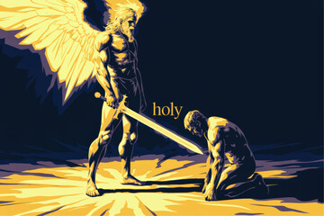 Obraz premium Powerful angel with glowing wings and sword blessing kneeling man in dramatic holy fantasy illustration