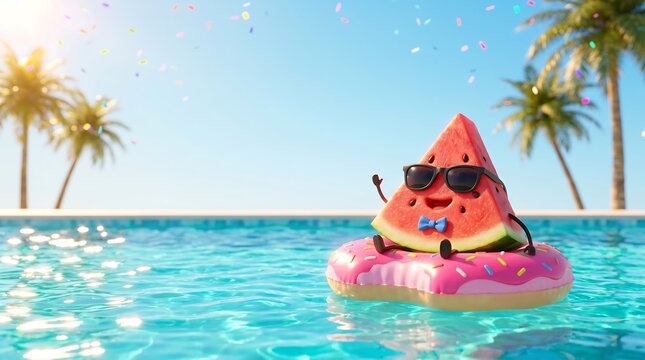 Cartoon watermelon character in sunglasses relaxing on donut float in pool.