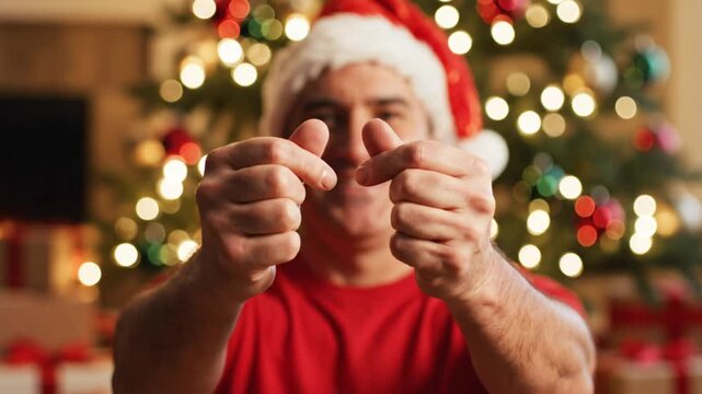 Cheerful Man in Santa Hat Making a Heart Sign with Fingers Smiling in Front of Decorated Christmas Tree
