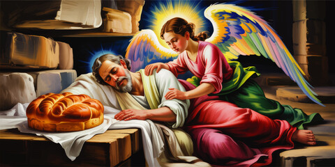 Obraz premium Colorful guardian angel watching over sleeping man with glowing halo and bread loaf in dramatic religious illustration