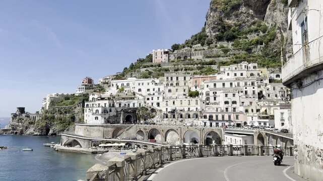 Panoramic View of Atrani Coastal Village with Arched Viaduct, Colorful Houses and Sea from Road, Amalfi Coast, Italy