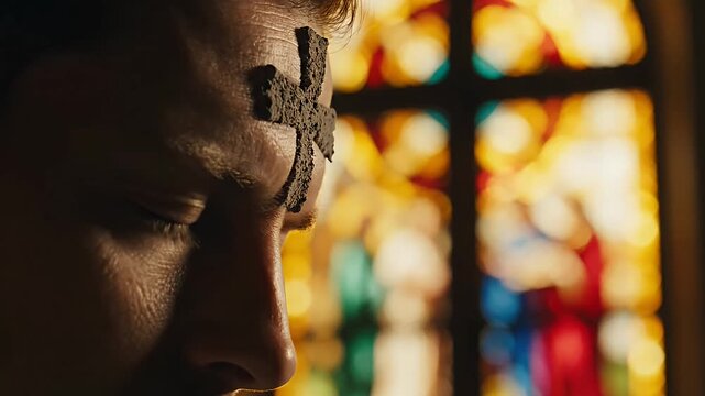 Person with ash cross on forehead in front of stained glass window
