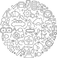 Fototapeta premium Auto Engine Repair Parts Central Circle Cluster Thin Line Icons Editable Stroke