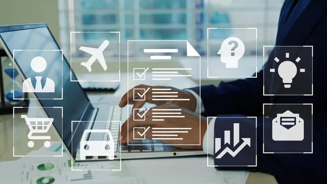 Business man a laptop typing with hologram notes check mark & icons on the screen, Notes text checkmark icon hologram with businessman working on computer on background