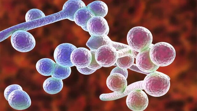 Candida fungal cells and hyphal forms, 3D animation showing slowly rotating yeast cells with budding and filamentous growth, illustrating opportunistic fungal pathogen.