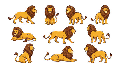 Lion character poses vector illustration set. Walking, sitting, lying down, roaring, male lion mane, safari predator, wild animal and african jungle wildlife elements. © Creative Studio 